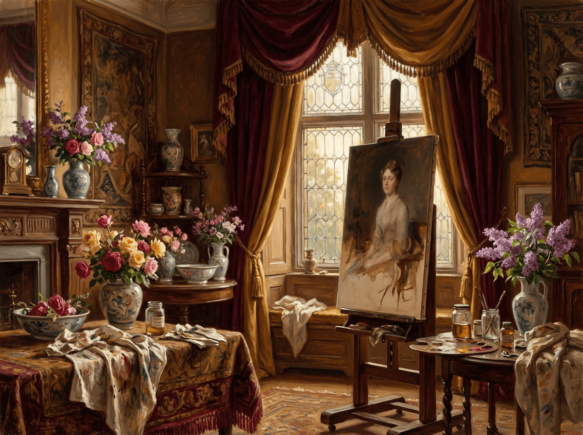 An opulent Victorian artist's studio with roses and a half-finished portrait