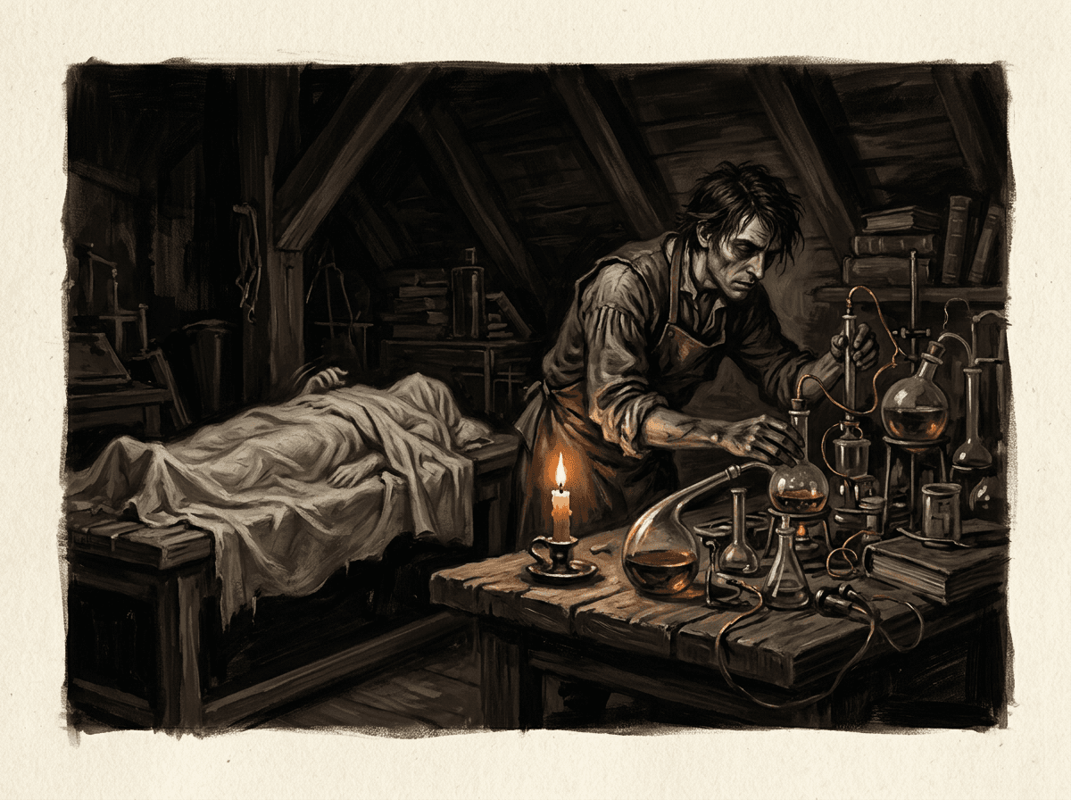 A gaunt figure hunched over a slab in a candlelit laboratory, etching style